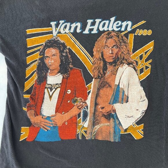 Van Halen 1980 Vintage Authentic Rock Concert Raw Hem Graphic Tee Shirt - Picture 4 of 5
